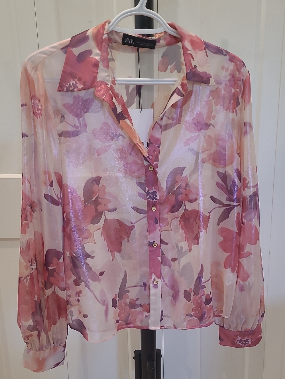 Zara Sheer Floral Button-Front Blouse in Pink and Purple NWT